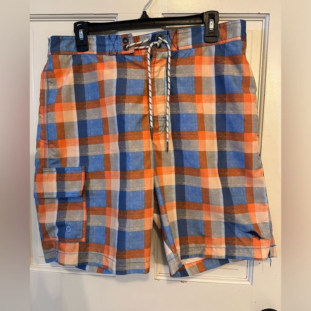 Tommy Bahama Blue-Orange-Khaki Plaid Swim Trunks‎ shorts in Size medium
